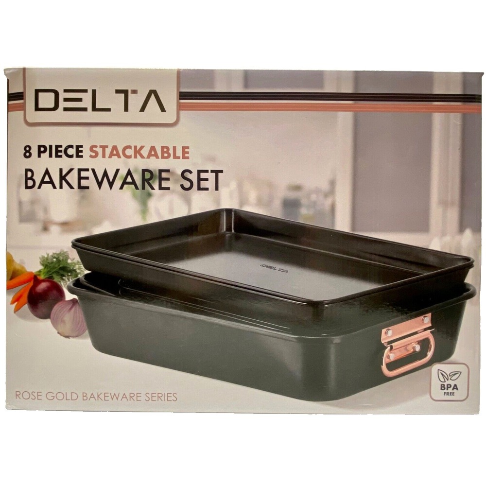 DELTA 8-Piece Nonstick Stackable Bakeware Set Matte Black Rose Gold Trim NEW